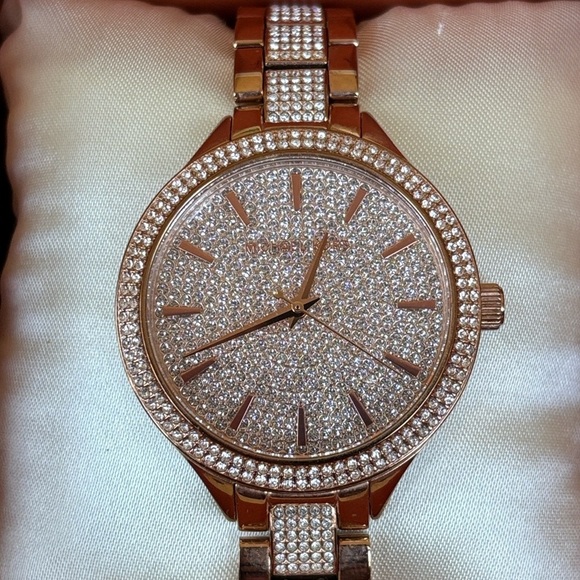 Michael Kors Pave Crystal Rose Gold Tone Watch Slim Runway Sparky Mid-Sized main image 15